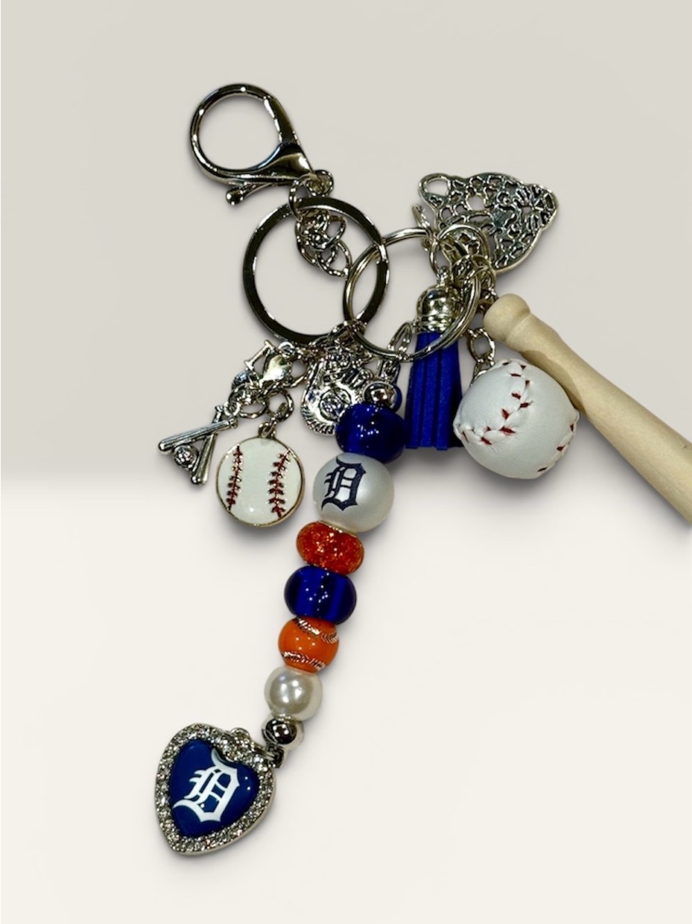 Detroit Tigers Inspired Blue & White Baseball Keychain Charm